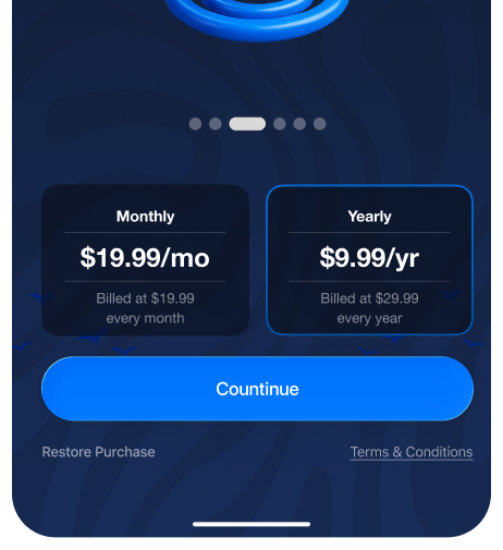 Premium screen: monthly at $19.99/mo and yearly at $9.99/yr subscription options