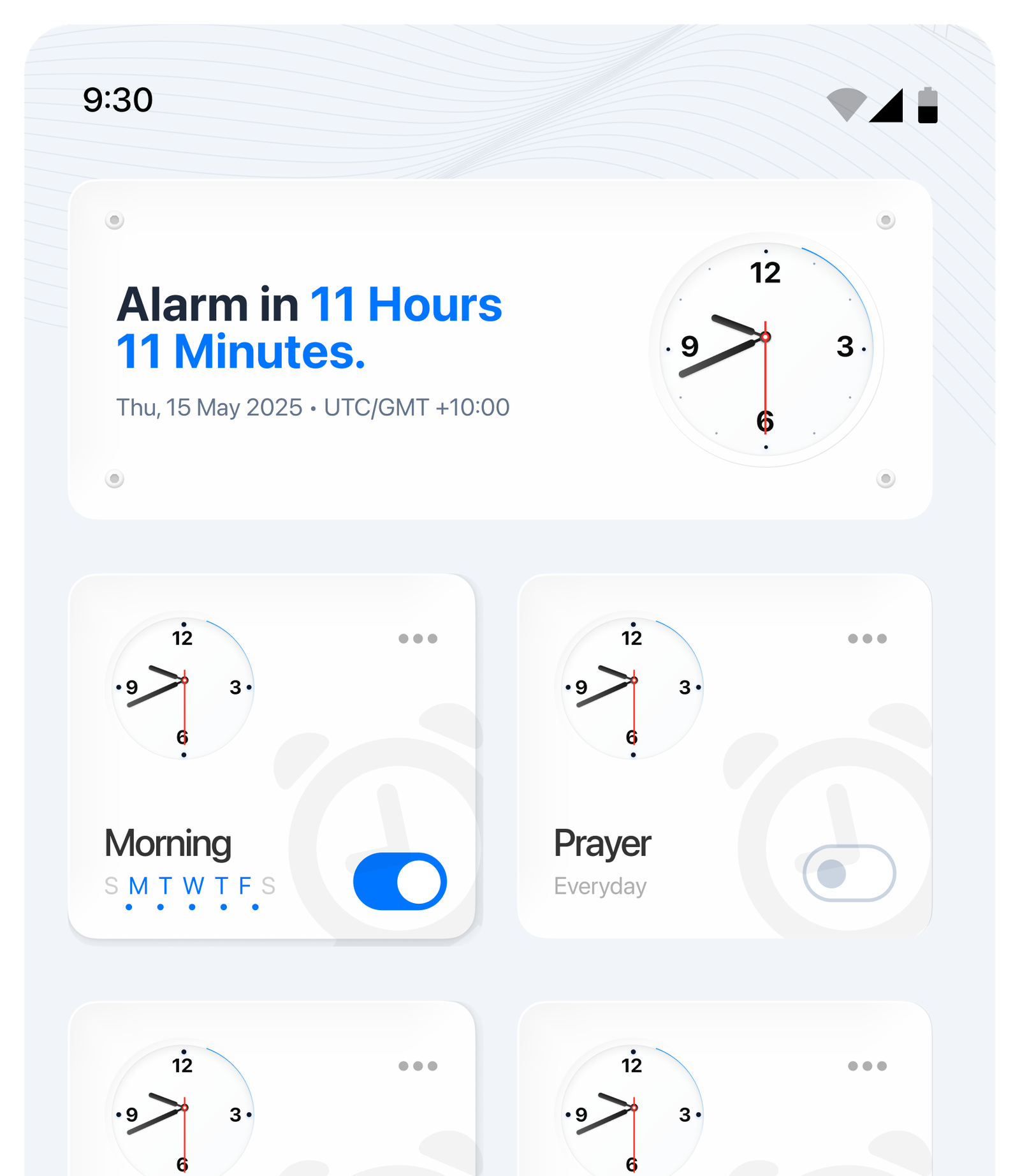 Alarms: next alarm countdown with Morning and Prayer repeating alarms