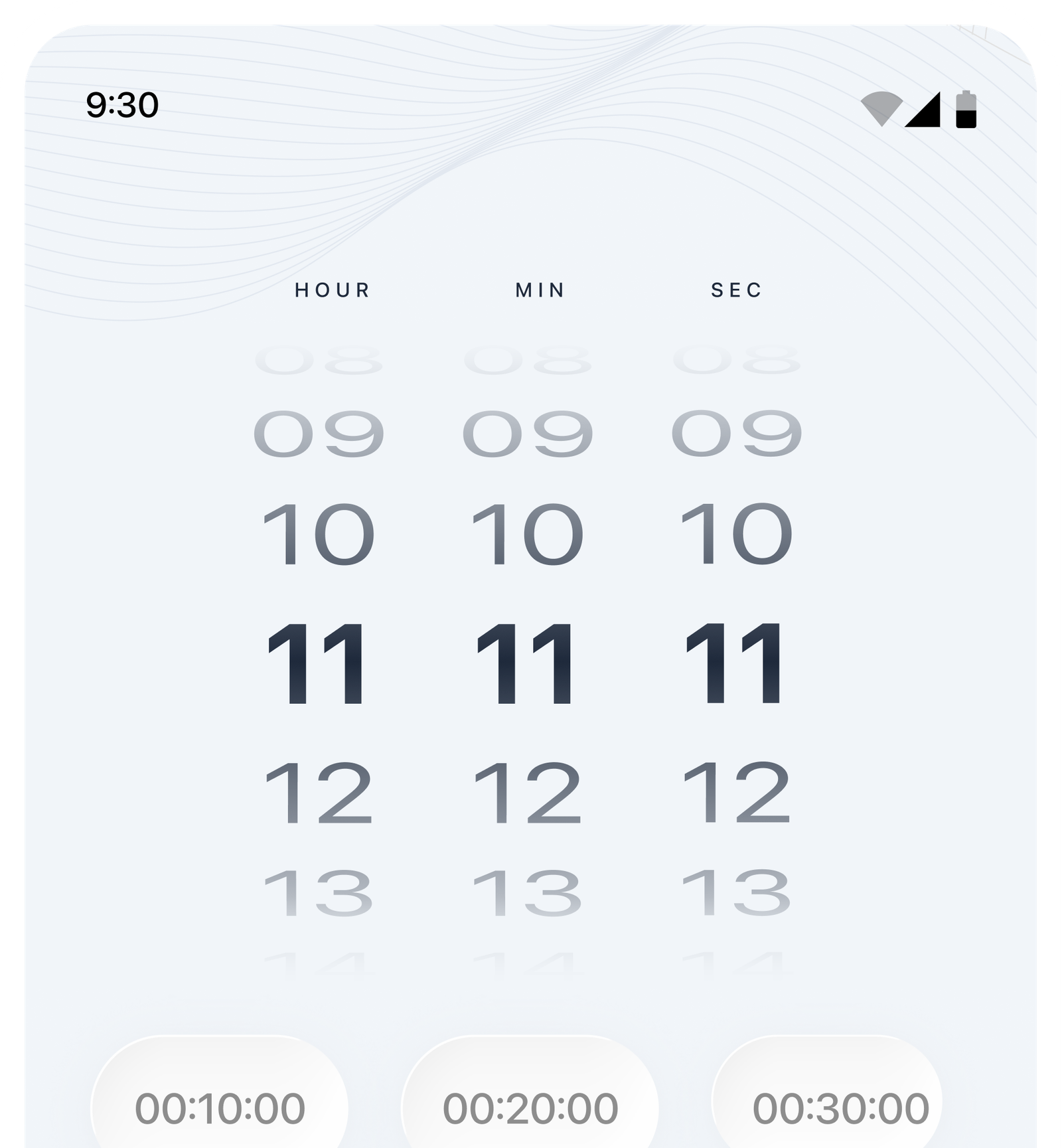 Timer: hour, minute, and second scroll pickers with 10, 20, and 30-minute presets