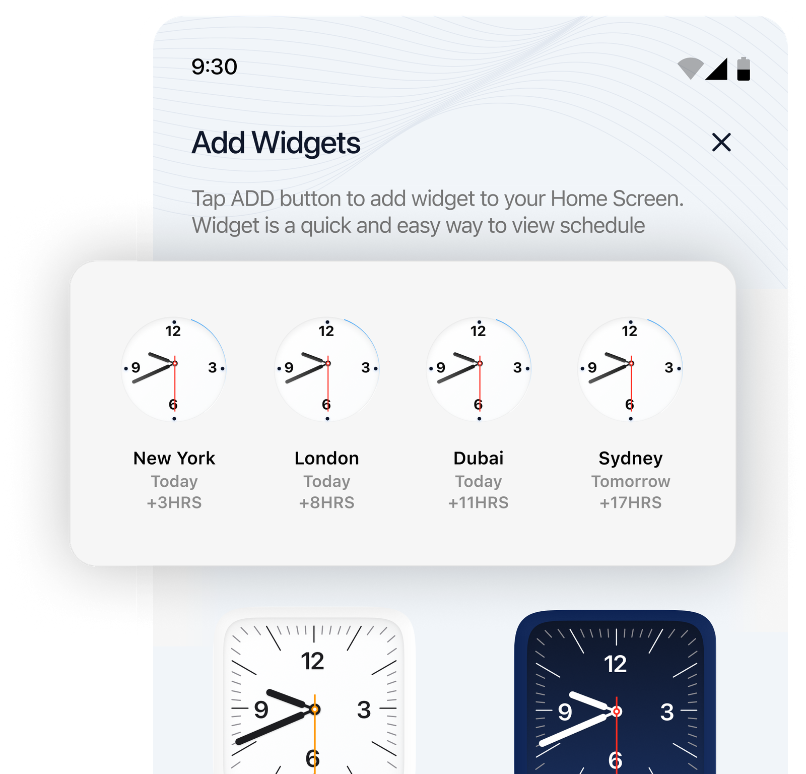 Add Widgets: analog clocks for New York, London, Dubai, and Sydney